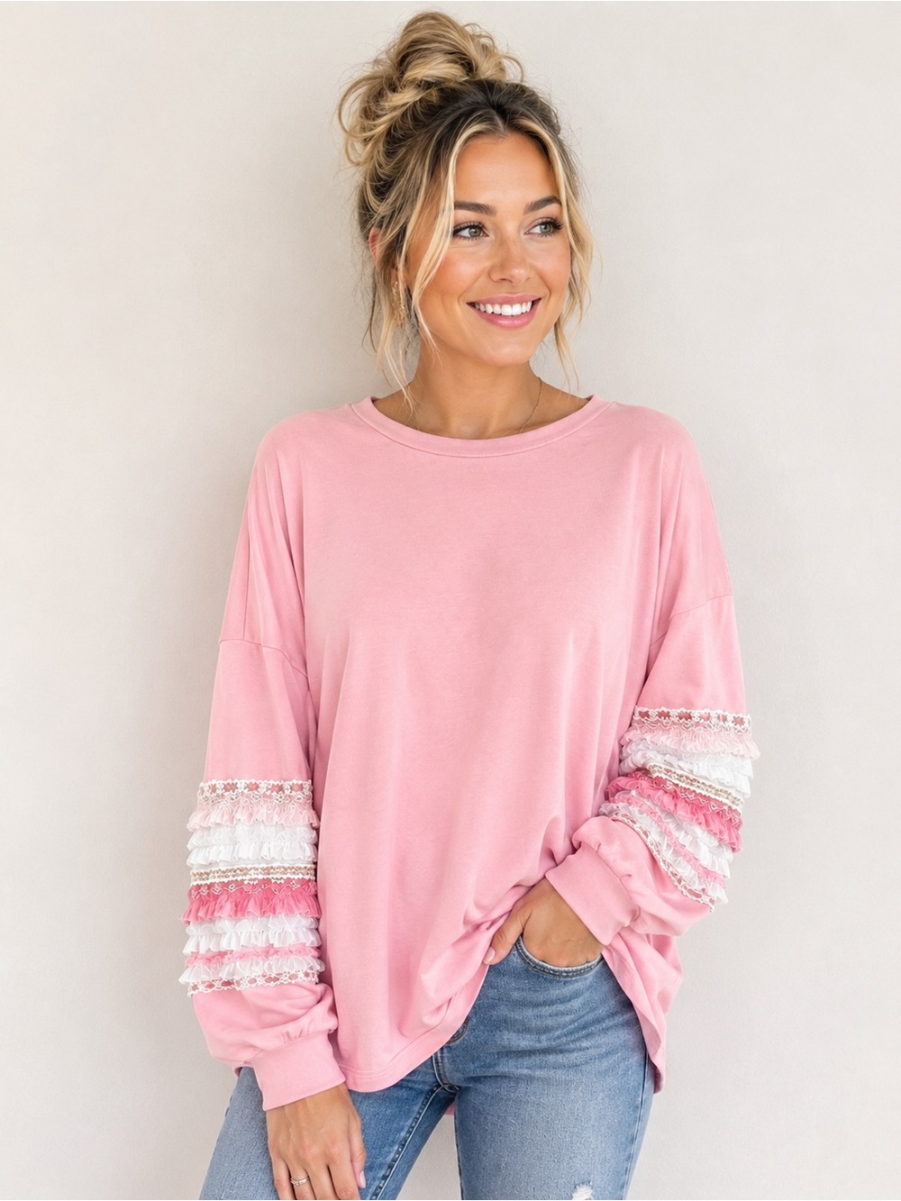 BiBi Pink Ruffle Fringe Sleeve Boho Top Size L Oversized Boutique